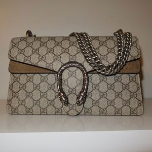Gucci Beige and Tan Shoulder Bag with Silver Chain